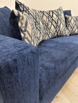 Side view of Dora blue chenille velvet upholstered sofa and loveseat set