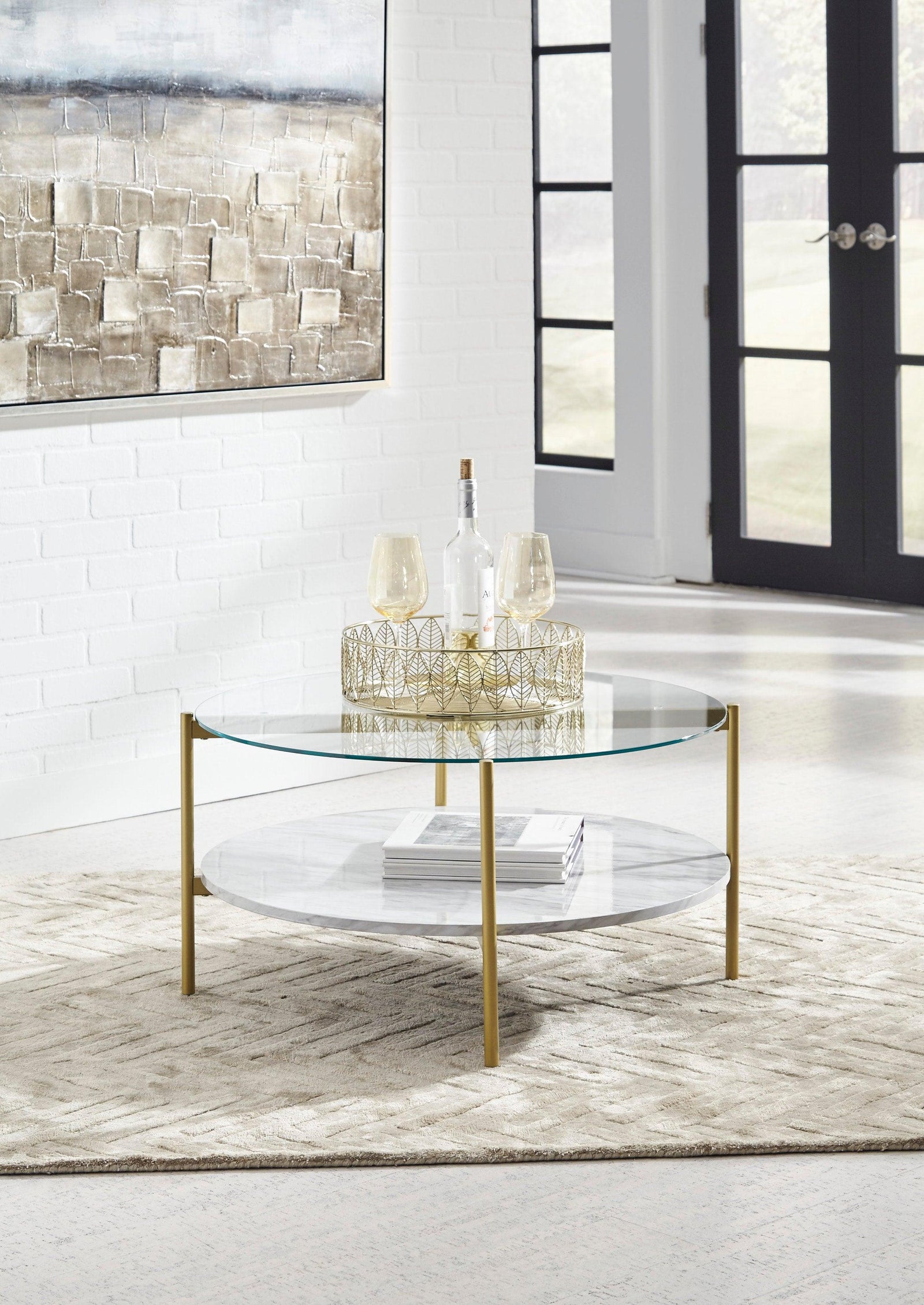 Wynora Gold/White Contemporary Modern Metal Wood Glass Marble Round Cocktail Table - Ella Furniture