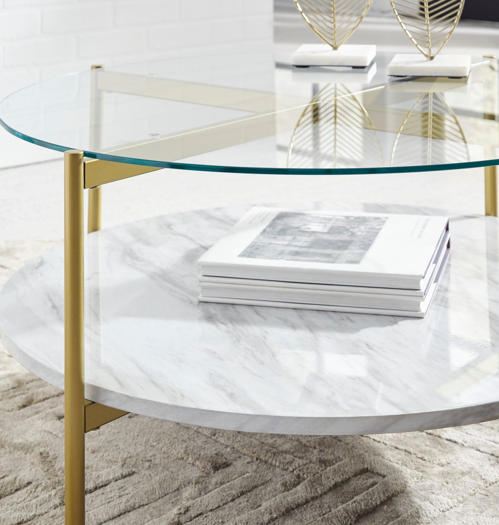 Wynora Gold/White Contemporary Modern Metal Wood Glass Marble Round Cocktail Table - Ella Furniture