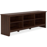 Arlenbry Large Brown TV Stand angle view showing shelves and drawers