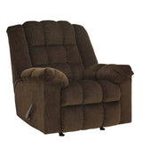 Side view of Cocoa Fabric Rocker Recliner showing upholstery and reclining feature