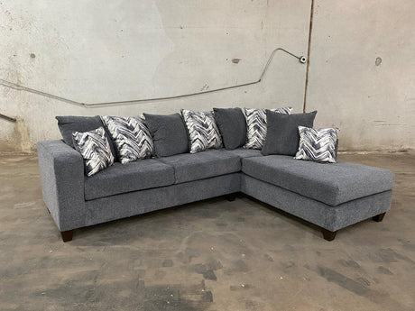 Charcoal thick fabric upholstered sectional sofa front and side view