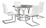 Madenere dining set room view with white faux leather chairs
