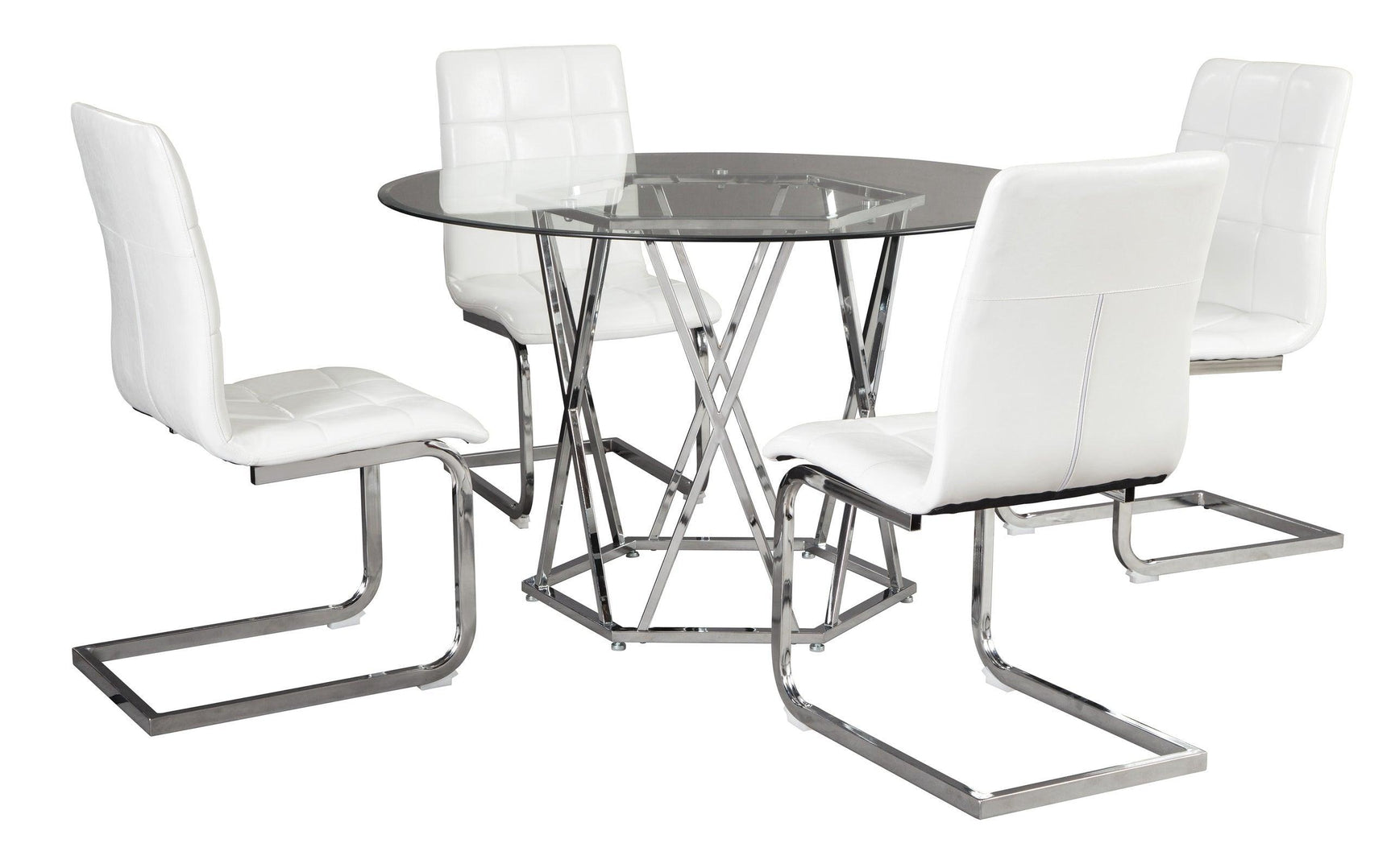 Madenere dining set room view with white faux leather chairs