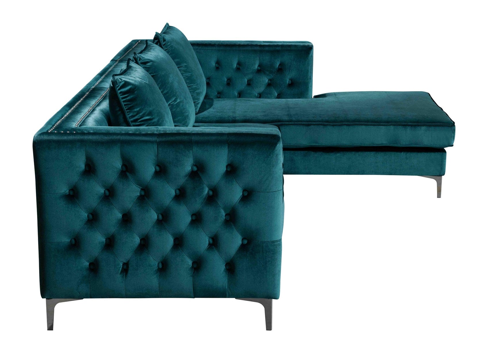 Close-up detail of button tufting and silver nailhead trim on Ava sectional