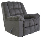 Upholstered charcoal polyester rocker recliner chair with wired remote