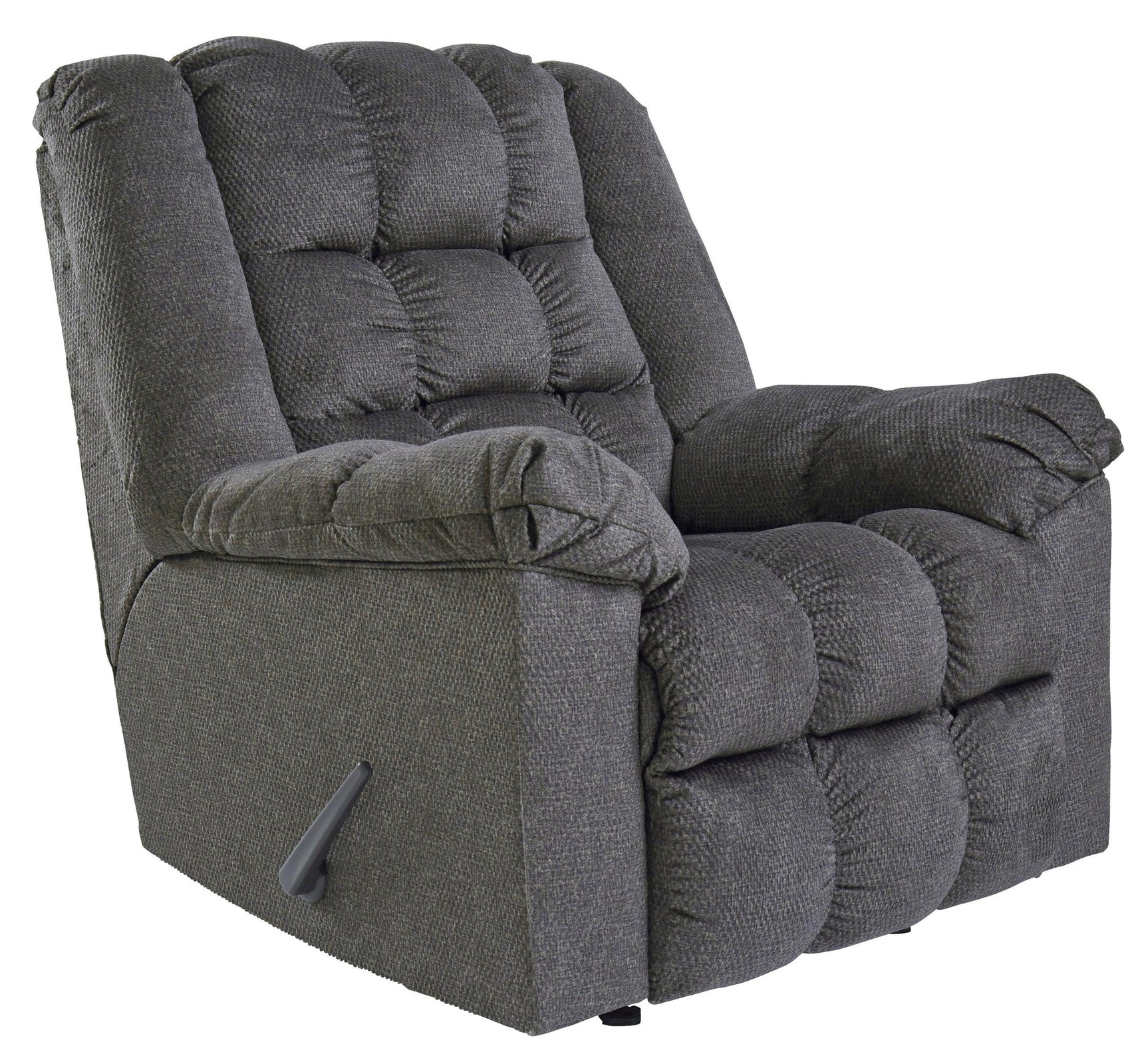 Upholstered charcoal polyester rocker recliner chair with wired remote