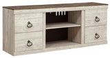 Willowton White TV stand side angle showing cabinet and storage shelves