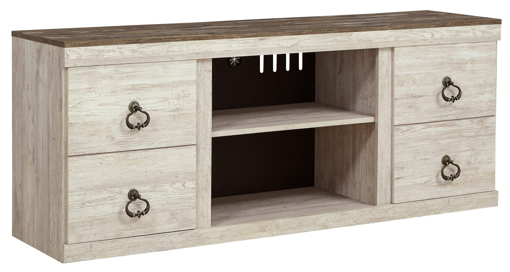 Willowton White TV stand side angle showing cabinet and storage shelves