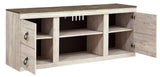 Willowton White TV stand detailed view of cabinet storage and whitewash finish