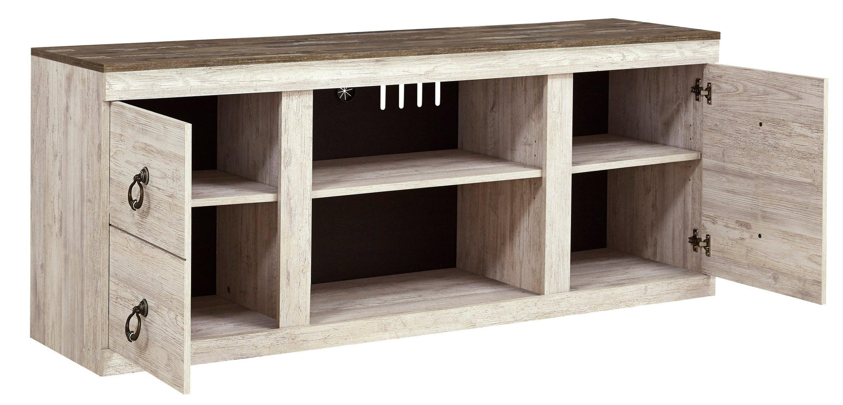 Willowton White TV stand detailed view of cabinet storage and whitewash finish