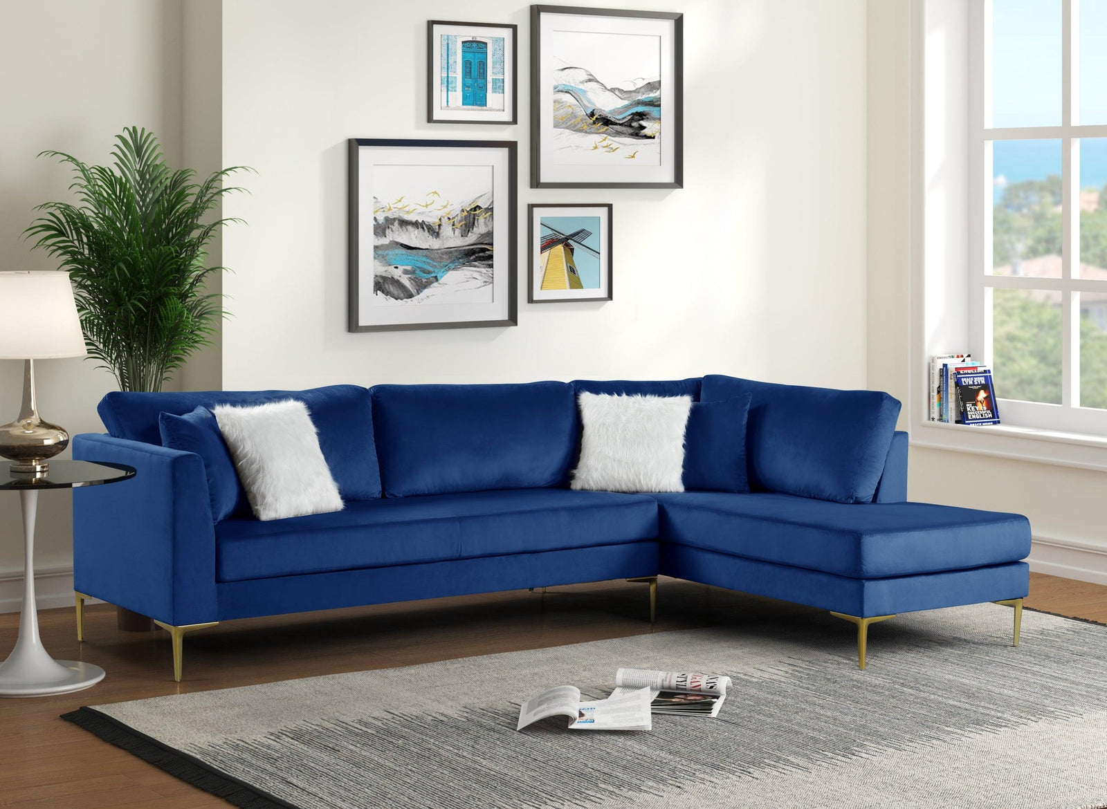 main view of Catalina Blue Velvet Gold Legs Sectional sectional sofa