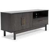 Brymont mocha gray solid wood TV stand side angle showing storage cabinet