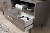 Brymont mocha gray solid wood TV stand with cabinet close-up view