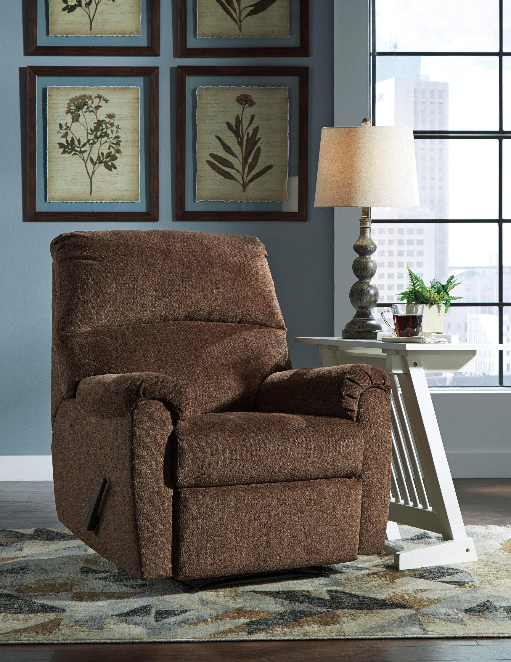 Nerviano Chocolate Zero Wall Metal Polyester Contemporary Modern Recliner - Ella Furniture