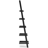 Side angle of Yarlow Black leaning ladder bookcase with metal frame and wood grain shelving