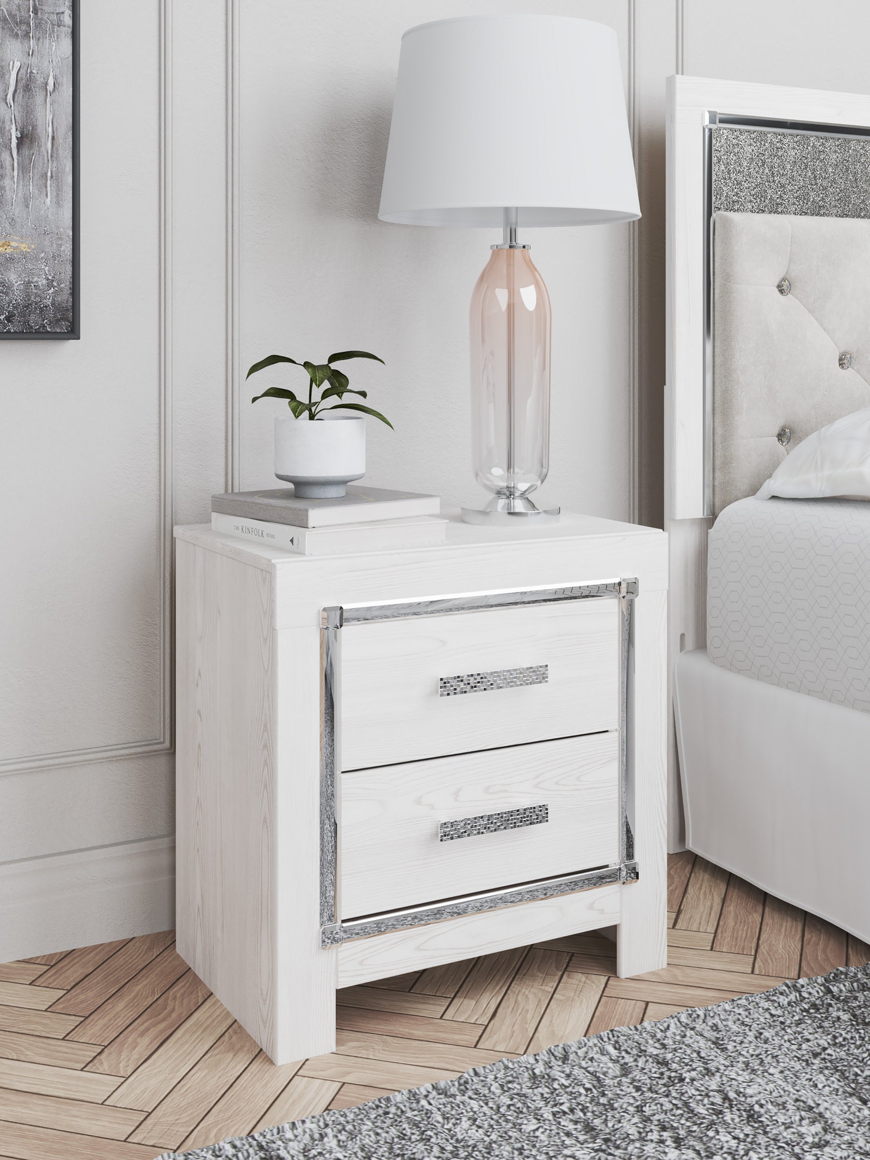 Side view of Tula White LED Upholstered Panel Bedroom Set bed