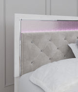 Side view of Tula White LED Upholstered Panel Bedroom Set bed