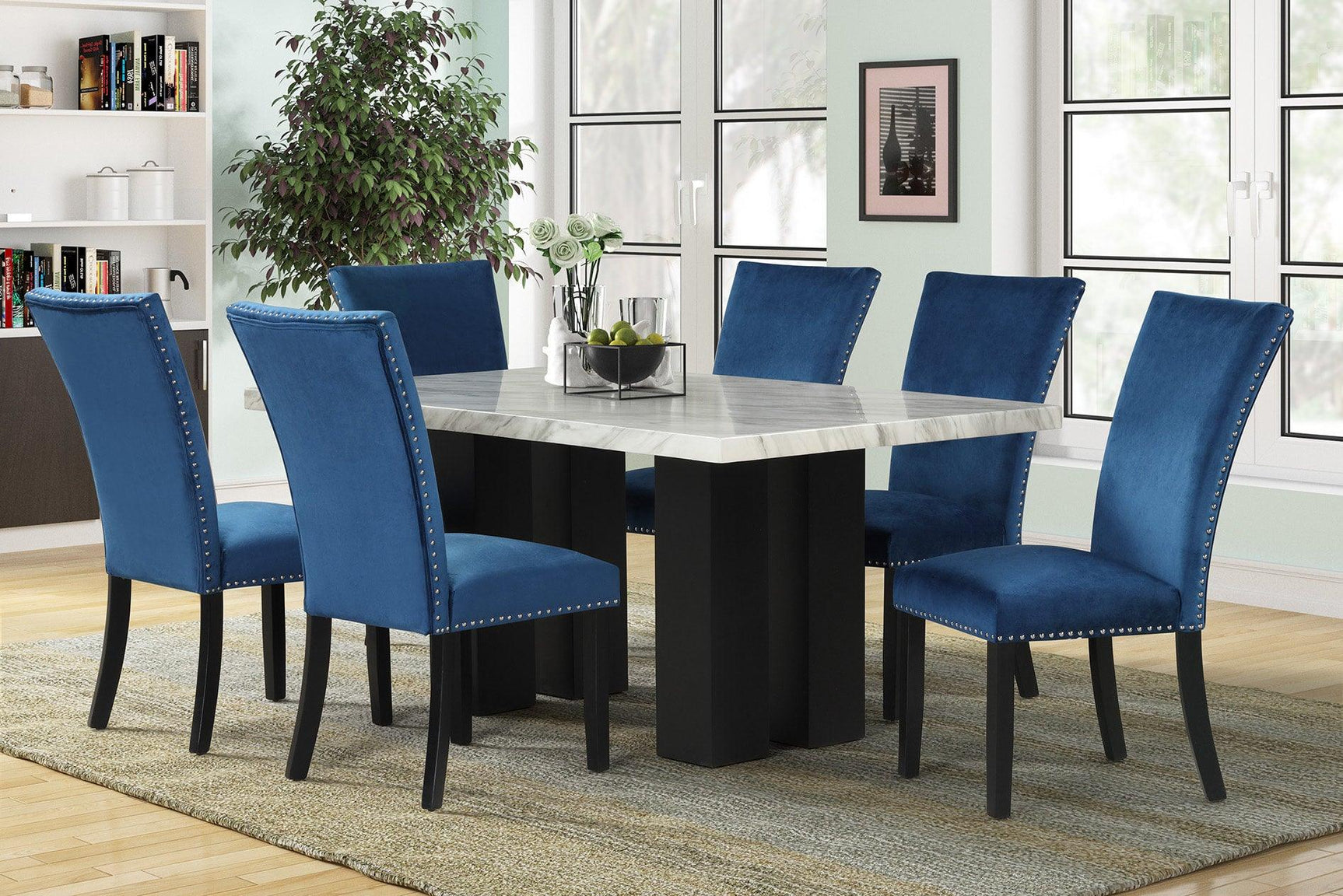 main view of Deinppa Blue Velvet Dining Room Set dining room furniture
