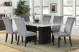 Main view of Deinppa Gray Velvet Dining Room Set featuring faux marble top table and velvet chairs