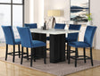 Front view of Stockholm Blue velvet counter height dining table with six velvet chairs