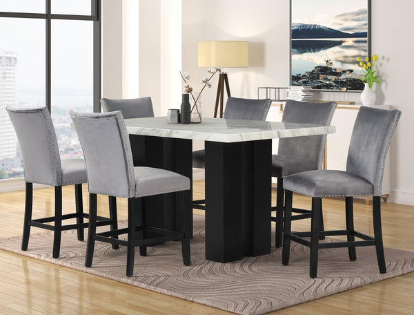 Stockholm gray velvet counter height dining table set showing table and six velvet chairs