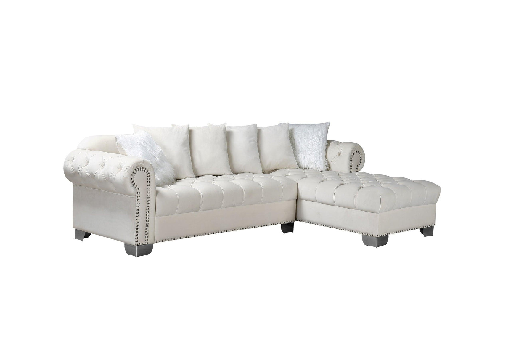 Side view of Royal Beige Velvet Tufted Sectional Sofa showing tufted arm and chrome legs