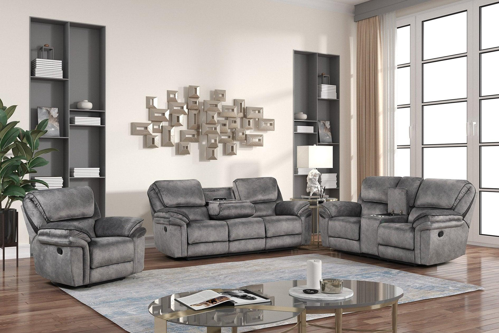 Perry Grey oversized reclining sofa front angle with fabric upholstery