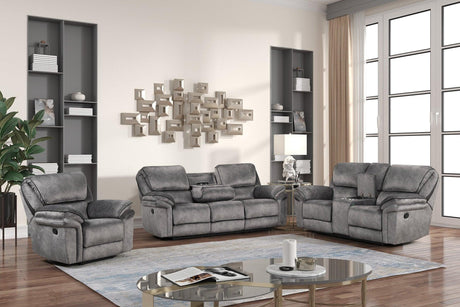 Perry Grey oversized reclining sofa front angle with fabric upholstery