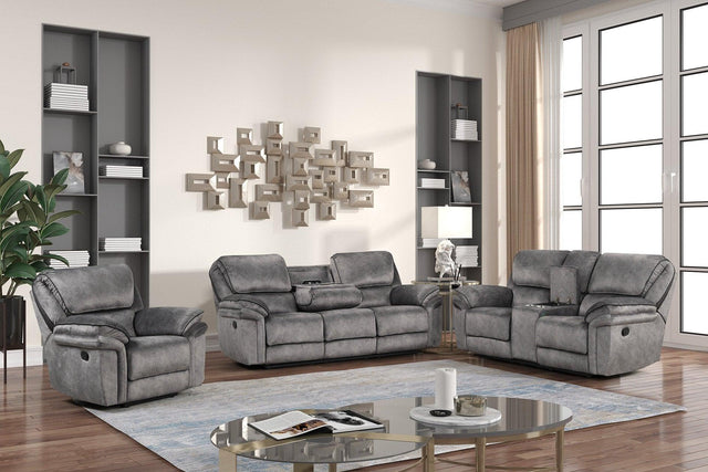 Perry Grey oversized reclining sofa front angle with fabric upholstery