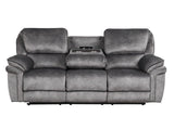 Side view of Perry Grey fabric reclining sofa showing power box controls