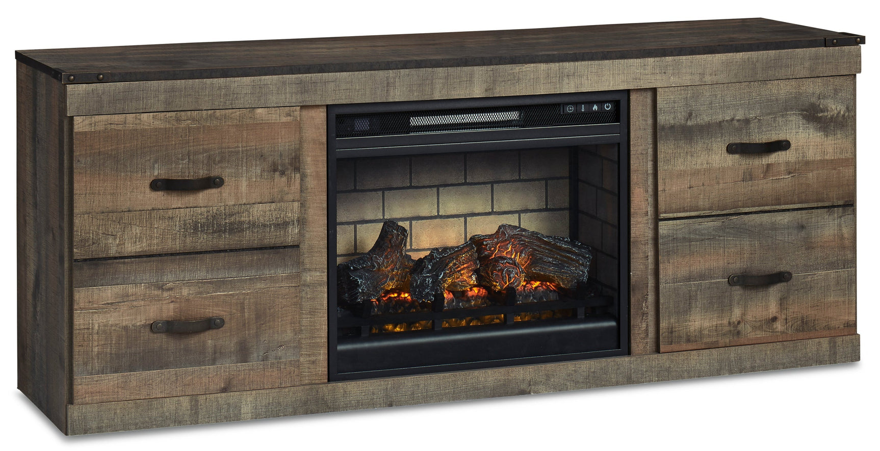 Side angle of brown modern TV stand with built-in fireplace
