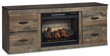 Side angle of brown modern TV stand with built-in fireplace