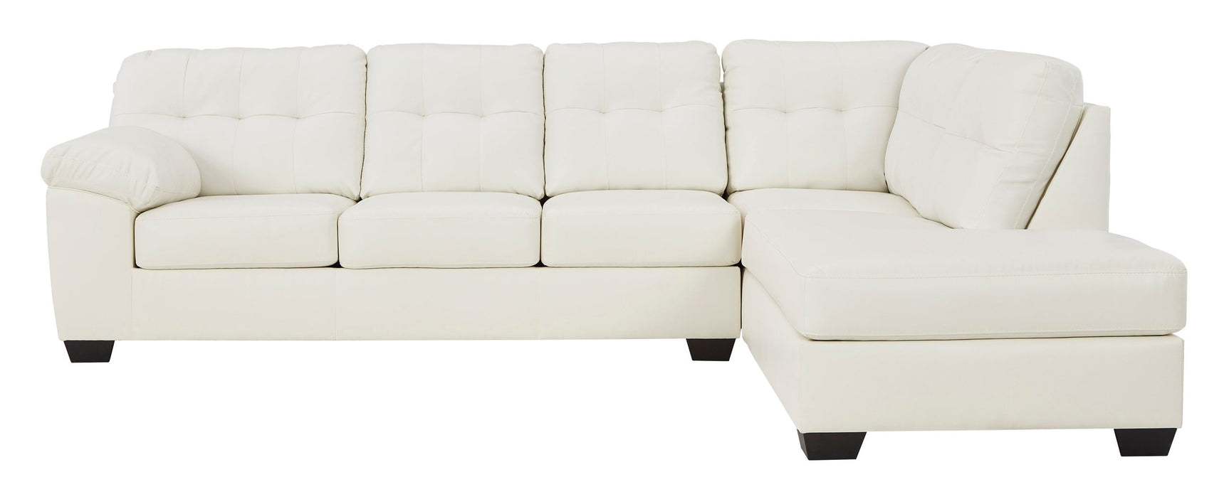 Side view of Ashley RAF Chaise sectional sofa showcasing white metal legs