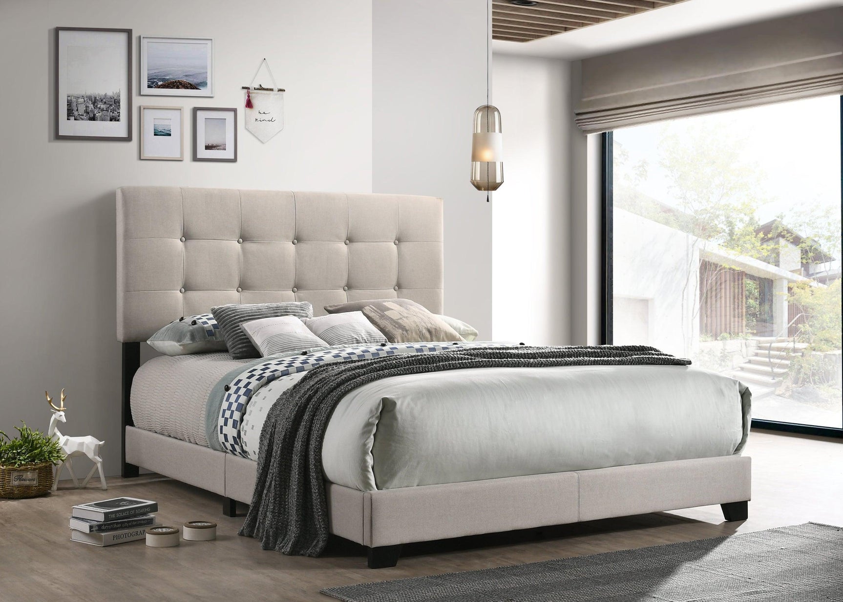 Mollai Beige/Cream Modern And Traditional Solid Wood Linen Fabric Upholstered Tufted Panel Bed (Twin) - Ella Furniture