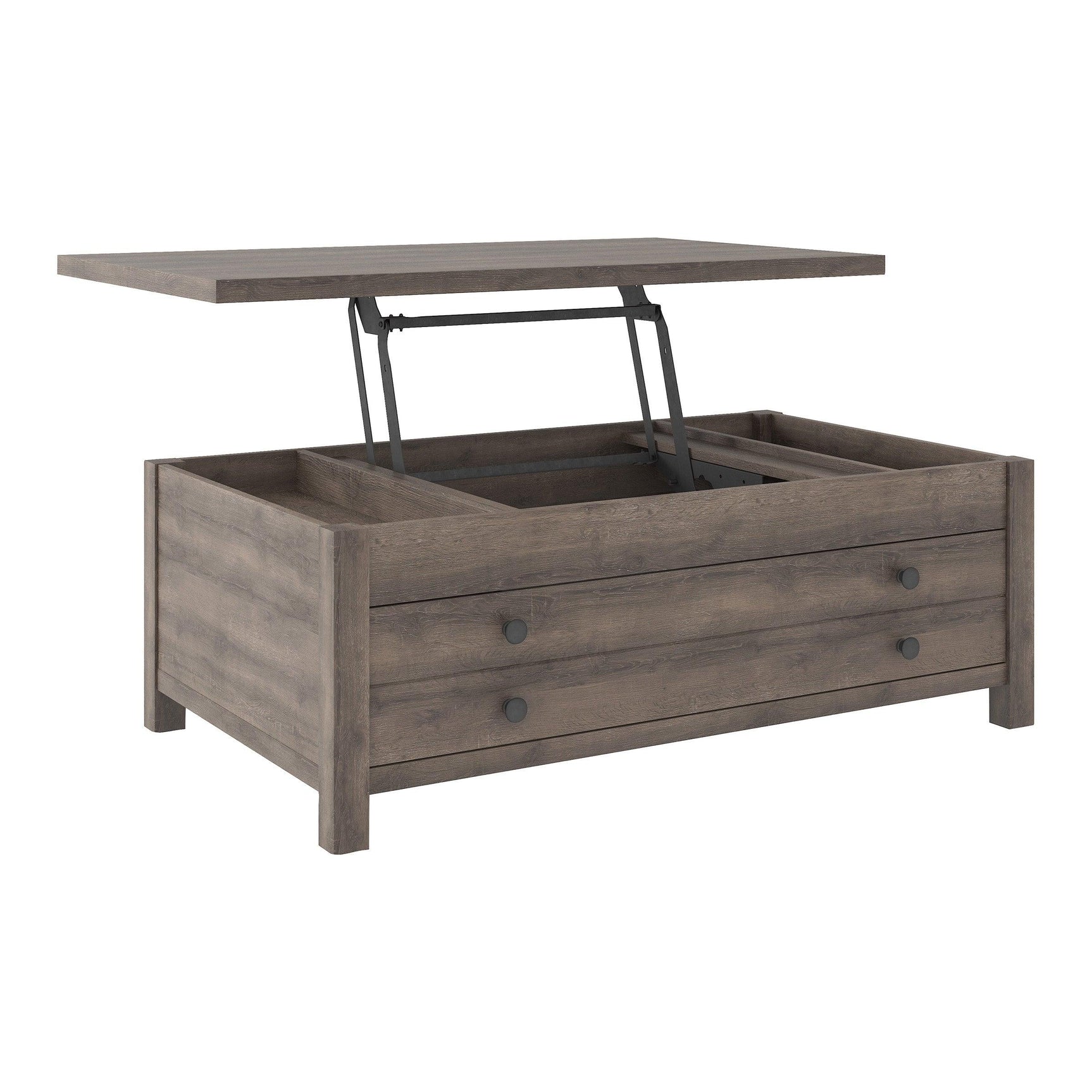 Arlenbry Gray Lift-Top Rectangular Coffee Table side view with storage compartment open