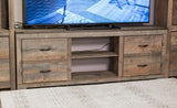 Close-up of Trinell brown rustic solid wood TV stand fireplace insert and cabinet doors