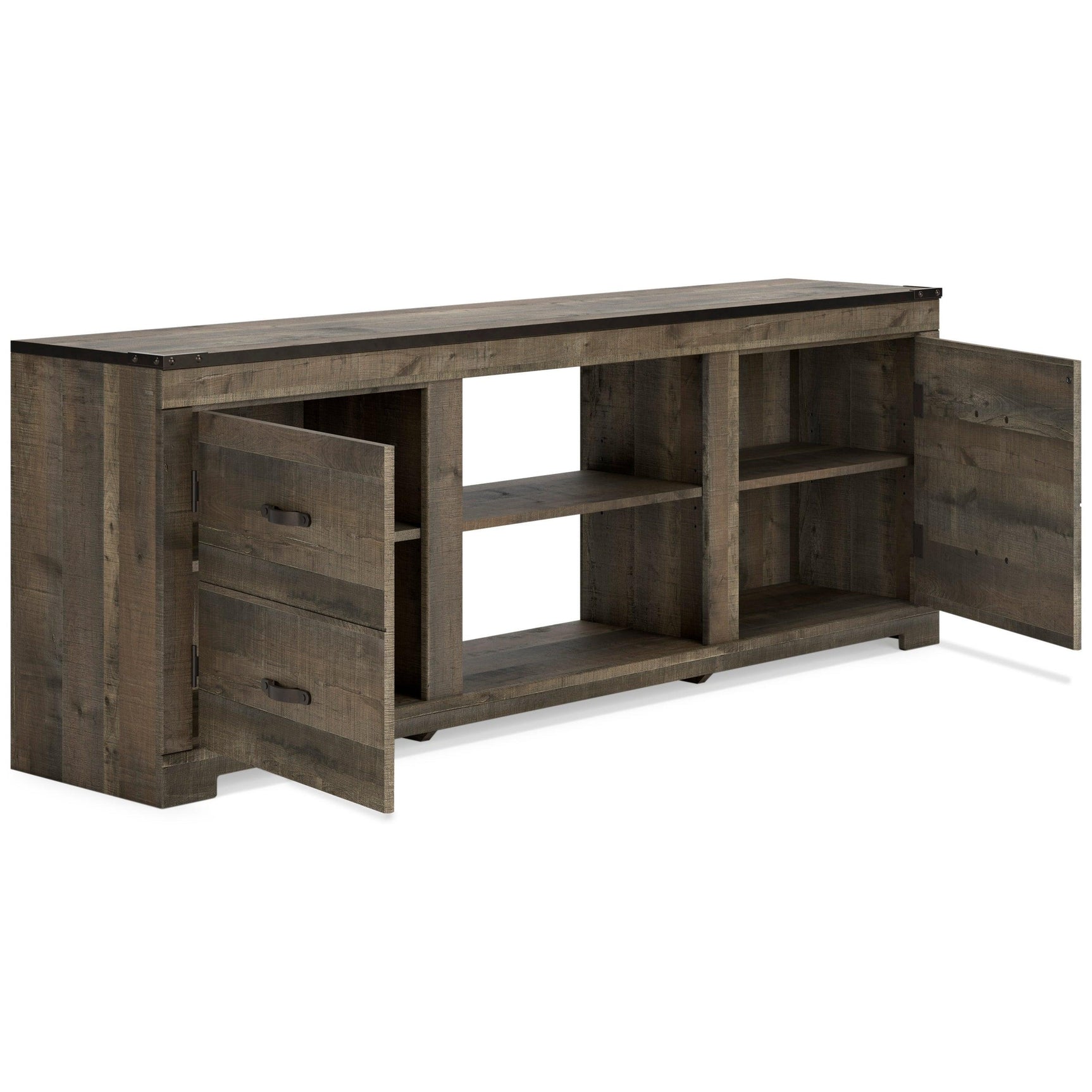 Top view of Trinell large brown rustic solid wood TV stand highlighting spacious surface