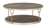 Ranoka Platinum cocktail table showing goldtone metal tubular legs curved design