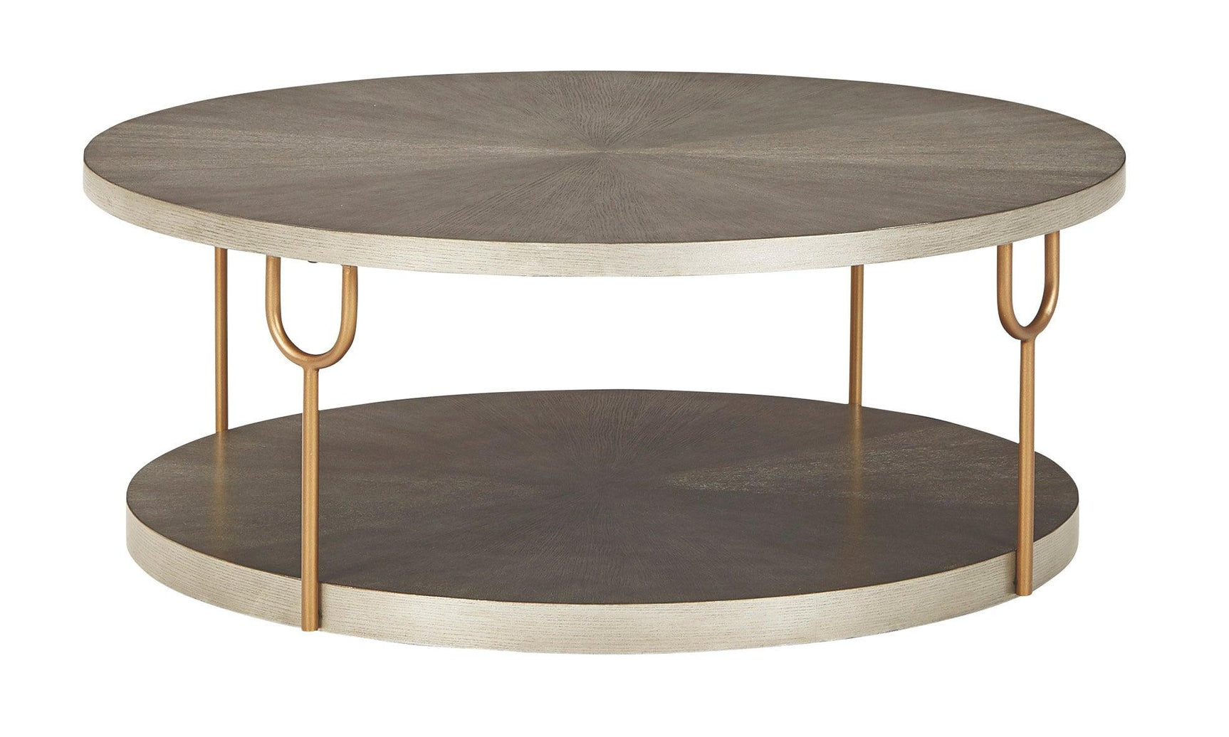 Ranoka Platinum cocktail table showing goldtone metal tubular legs curved design