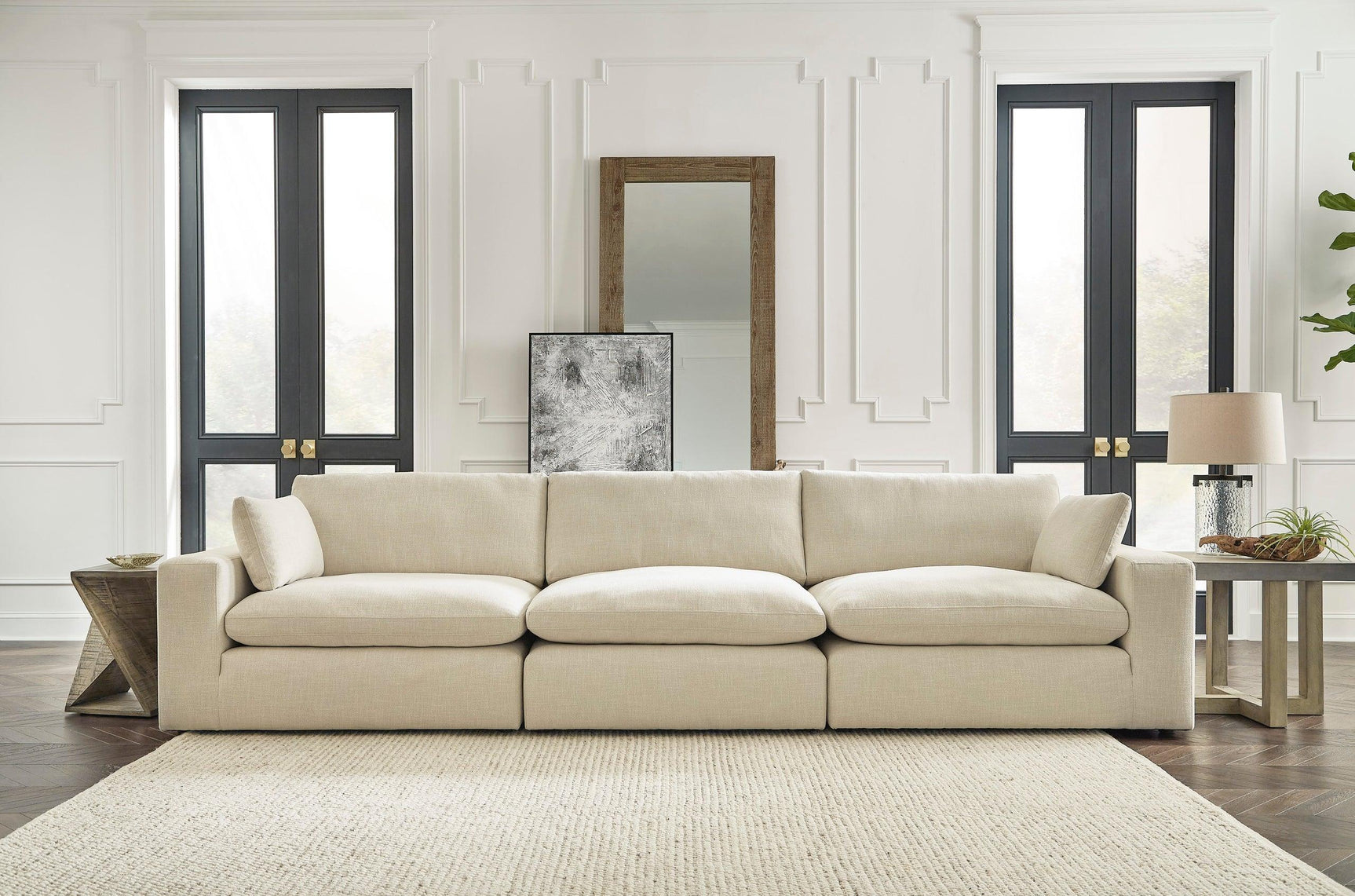 room view of linen feather fiber blend oversized sectional sofa