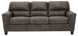 Detail of upholstery and faux wood finish feet on Ashley Smoke set