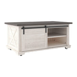 Close-up of Dorrinson coffee table sliding barn door and casters