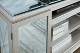 Side angle of Flamory silver modern TV stand with faux crystal and mirror glass doors