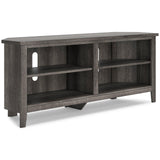 Arlenbry Gray corner TV stand open shelving front