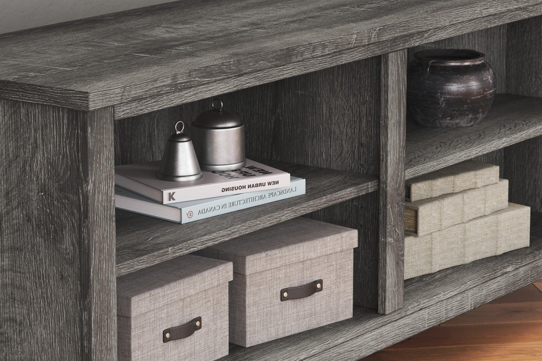 Arlenbry Gray corner TV stand side view with storage