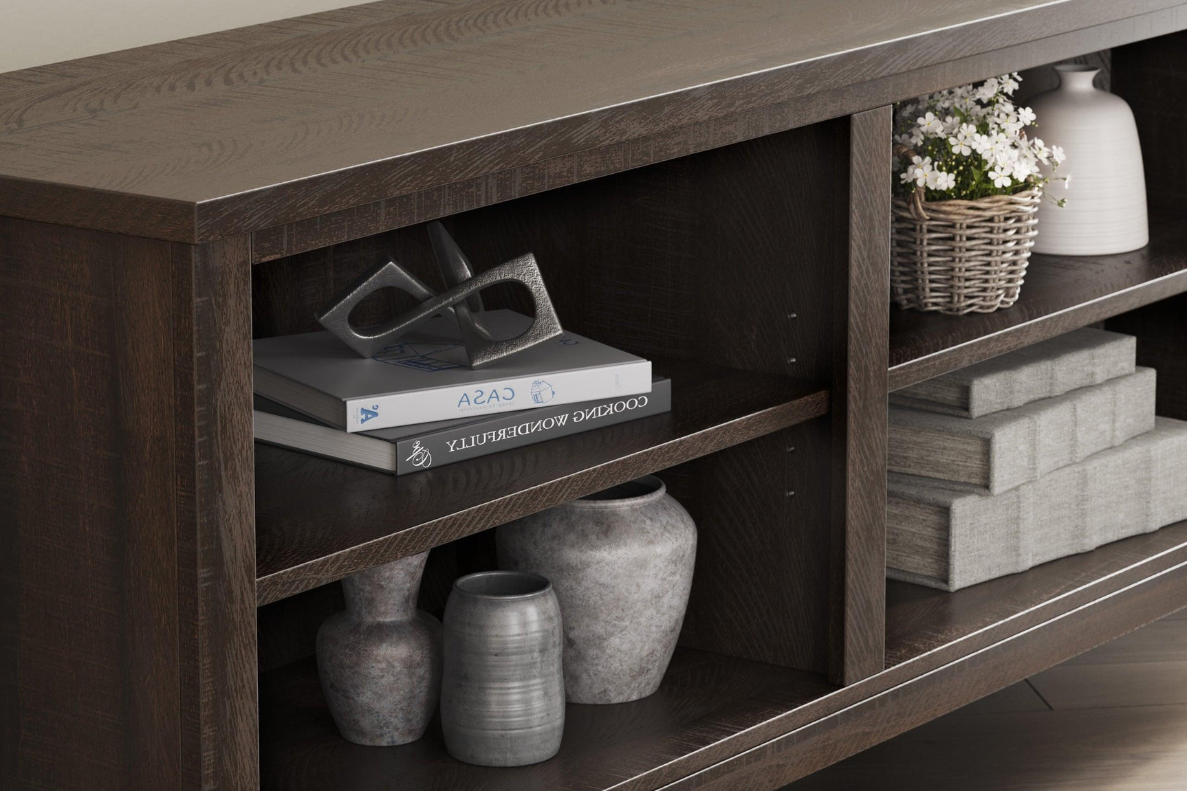 Camiburg Brown Modern Transitional Wood Corner TV Stand with Storage storage detail