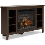 Camiburg brown wood corner TV stand with fireplace and storage, side angle