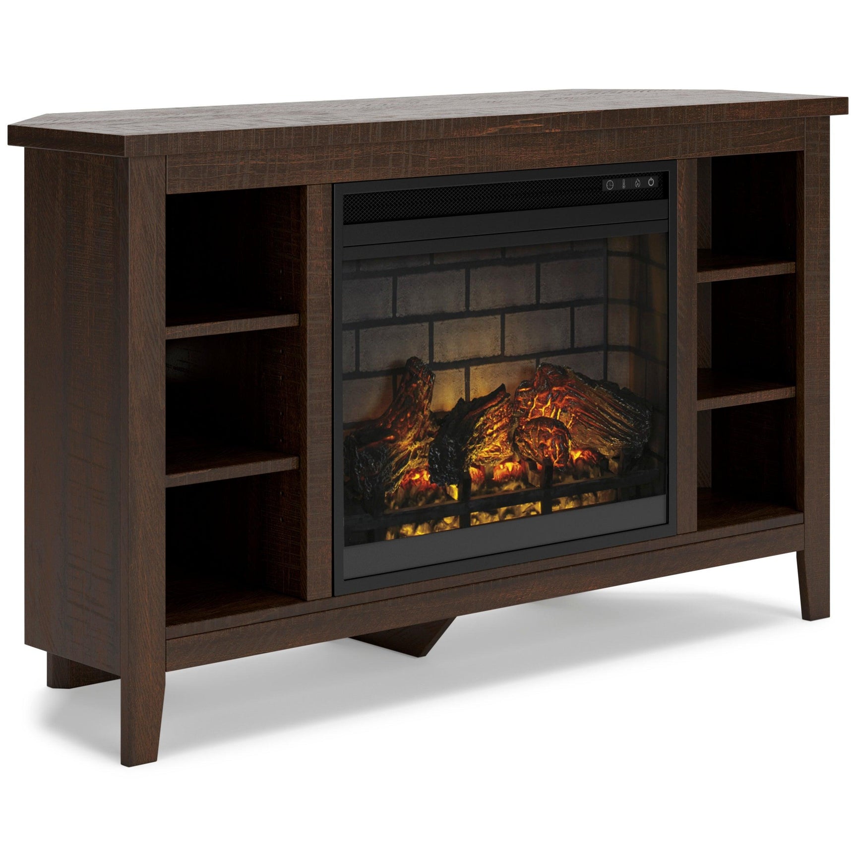 Camiburg brown wood corner TV stand with fireplace and storage, side angle