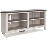 Dorrinson Two-Tone Antique White Corner TV Stand angled side view